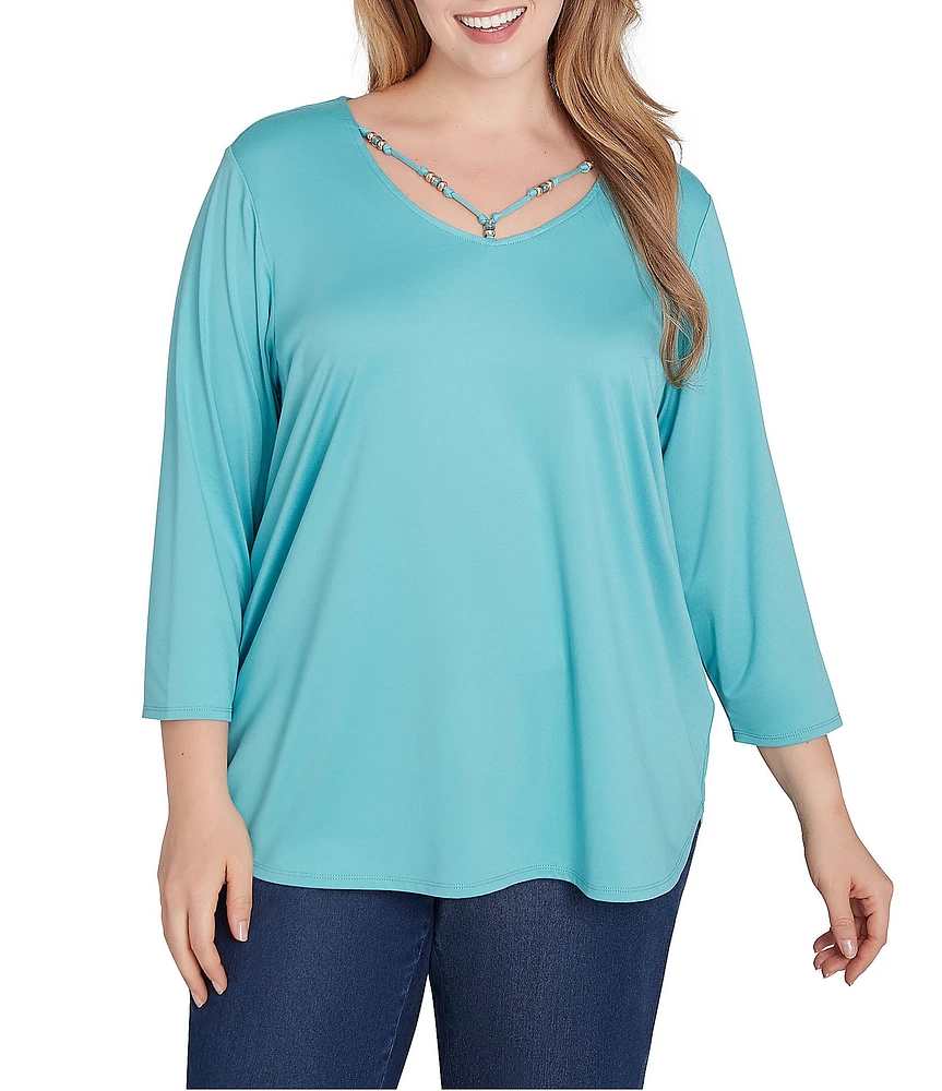 Ruby Rd. Plus Size Knit Embellished Scoop Neck 3/4 Sleeve Solid Top