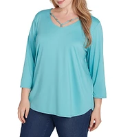 Ruby Rd. Plus Size Knit Embellished Scoop Neck 3/4 Sleeve Solid Top