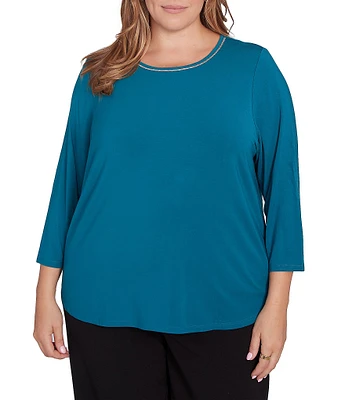 Ruby Rd. Plus Size Knit Embellished Scoop Neck 3/4 Sleeve Stretch Top