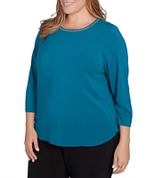 Ruby Rd. Plus Size Knit Embellished Scoop Neck 3/4 Sleeve Stretch Top