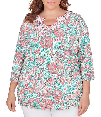 Ruby Rd. Plus Size Knit Embroidered Rainforest Parrot Floral Print Horseshoe Neck 3/4 Sleeve Top