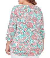 Ruby Rd. Plus Size Knit Embroidered Rainforest Parrot Floral Print Horseshoe Neck 3/4 Sleeve Top