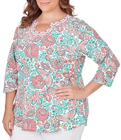 Ruby Rd. Plus Size Knit Embroidered Rainforest Parrot Floral Print Horseshoe Neck 3/4 Sleeve Top