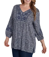 Ruby Rd. Plus Size Knit Embroidered V-Neck 3/4 Sleeve Side Slit Luxe Top