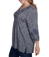 Ruby Rd. Plus Size Knit Embroidered V-Neck 3/4 Sleeve Side Slit Luxe Top