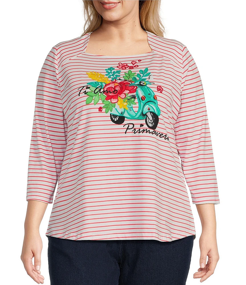 Ruby Rd. Plus Size Knit Stripe Print 3/4 Sleeve Embroidered Ti Amo Primavera Graphic Top