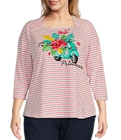 Ruby Rd. Plus Size Knit Stripe Print 3/4 Sleeve Embroidered Ti Amo Primavera Graphic Top