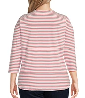 Ruby Rd. Plus Size Knit Stripe Print 3/4 Sleeve Embroidered Ti Amo Primavera Graphic Top