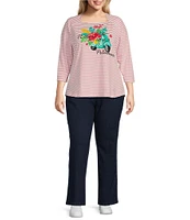 Ruby Rd. Plus Size Knit Stripe Print 3/4 Sleeve Embroidered Ti Amo Primavera Graphic Top