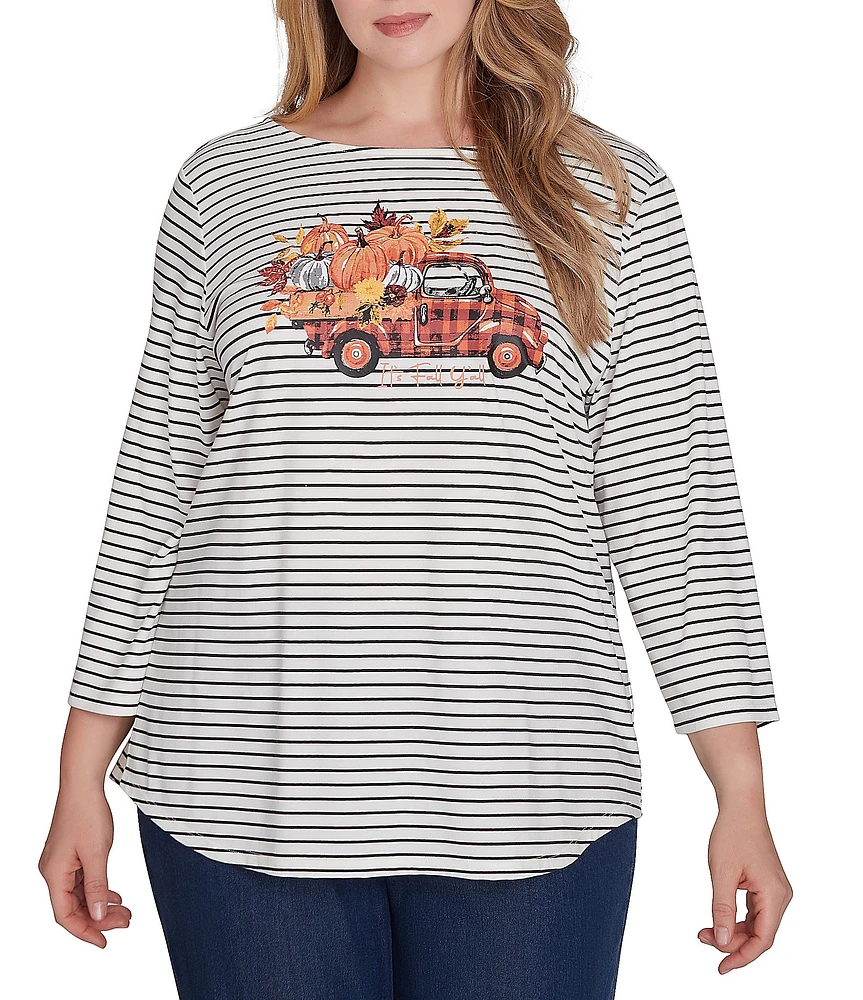 Ruby Rd. Plus Size Knit Fall Stripe Pick Up Pumpkin Print Boat Neck 3/4 Sleeve Top