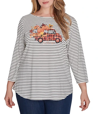 Ruby Rd. Plus Size Knit Fall Stripe Pick Up Pumpkin Print Boat Neck 3/4 Sleeve Top