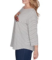 Ruby Rd. Plus Size Knit Fall Stripe Pick Up Pumpkin Print Boat Neck 3/4 Sleeve Top