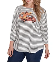 Ruby Rd. Plus Size Knit Fall Stripe Pick Up Pumpkin Print Boat Neck 3/4 Sleeve Top