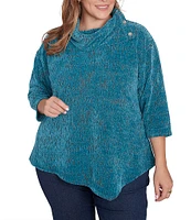 Ruby Rd. Plus Size Knit Faux Fois Bois Print Split Cowl Neck 3/4 Sleeve Asymmetric Hem Sweater