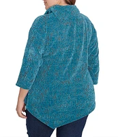 Ruby Rd. Plus Size Knit Faux Fois Bois Print Split Cowl Neck 3/4 Sleeve Asymmetric Hem Sweater