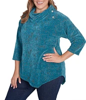 Ruby Rd. Plus Size Knit Faux Fois Bois Print Split Cowl Neck 3/4 Sleeve Asymmetric Hem Sweater