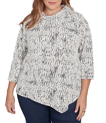 Ruby Rd. Plus Size Knit Faux Fois Bois Print Split Cowl Neck 3/4 Sleeve Asymmetric Hem Sweater