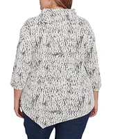 Ruby Rd. Plus Size Knit Faux Fois Bois Print Split Cowl Neck 3/4 Sleeve Asymmetric Hem Sweater