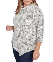 Ruby Rd. Plus Size Knit Faux Fois Bois Print Split Cowl Neck 3/4 Sleeve Asymmetric Hem Sweater