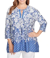 Ruby Rd. Plus Size Knit Floral Border Print Keyhole Neck 3/4 Sleeve Top