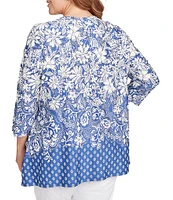 Ruby Rd. Plus Size Knit Floral Border Print Keyhole Neck 3/4 Sleeve Top