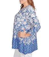 Ruby Rd. Plus Size Knit Floral Border Print Keyhole Neck 3/4 Sleeve Top