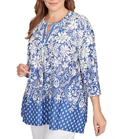 Ruby Rd. Plus Size Knit Floral Border Print Keyhole Neck 3/4 Sleeve Top