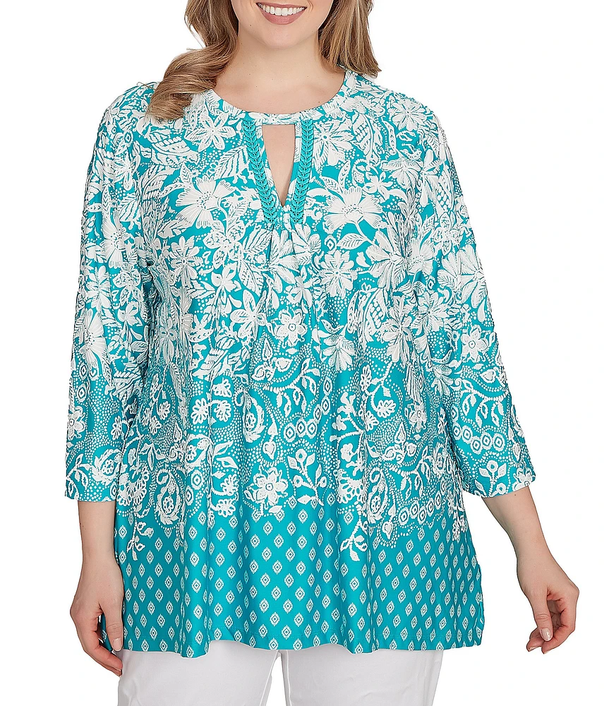 Ruby Rd. Plus Size Knit Floral Border Print Keyhole Neck 3/4 Sleeve Top
