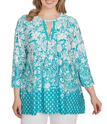 Ruby Rd. Plus Size Knit Floral Border Print Keyhole Neck 3/4 Sleeve Top