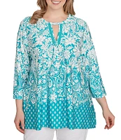 Ruby Rd. Plus Size Knit Floral Border Print Keyhole Neck 3/4 Sleeve Top