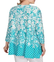 Ruby Rd. Plus Size Knit Floral Border Print Keyhole Neck 3/4 Sleeve Top