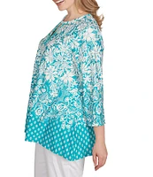 Ruby Rd. Plus Size Knit Floral Border Print Keyhole Neck 3/4 Sleeve Top