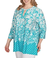 Ruby Rd. Plus Size Knit Floral Border Print Keyhole Neck 3/4 Sleeve Top