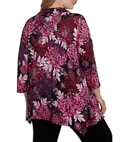 Ruby Rd. Plus Size Knit Floral Cowl Neck 3/4 Sleeve Shark-Bite Hem Dew Drop Top