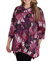 Ruby Rd. Plus Size Knit Floral Cowl Neck 3/4 Sleeve Shark-Bite Hem Dew Drop Top