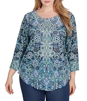 Ruby Rd. Plus Size Knit Floral Embellished Scoop Neck 3/4 Sleeve Top