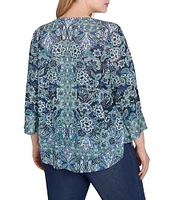 Ruby Rd. Plus Size Knit Floral Embellished Scoop Neck 3/4 Sleeve Top