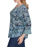 Ruby Rd. Plus Size Knit Floral Embellished Scoop Neck 3/4 Sleeve Top