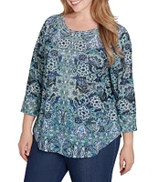 Ruby Rd. Plus Size Knit Floral Embellished Scoop Neck 3/4 Sleeve Top