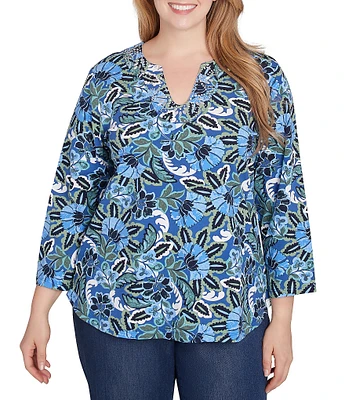 Ruby Rd. Plus Size Knit Floral Embellished Split Neck 3/4 Sleeve Top