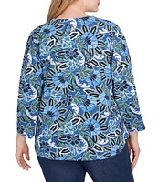 Ruby Rd. Plus Size Knit Floral Embellished Split Neck 3/4 Sleeve Top