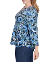 Ruby Rd. Plus Size Knit Floral Embellished Split Neck 3/4 Sleeve Top