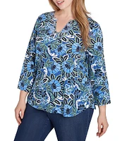 Ruby Rd. Plus Size Knit Floral Embellished Split Neck 3/4 Sleeve Top