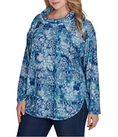 Ruby Rd. Plus Size Knit Floral Plaid Cowl Neck Long Sleeve Top