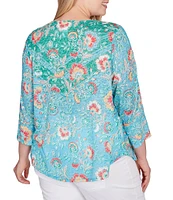 Ruby Rd. Plus Size Knit Floral Print Crew Neck 3/4 Sleeve Top Product Name