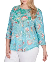 Ruby Rd. Plus Size Knit Floral Print Crew Neck 3/4 Sleeve Top Product Name