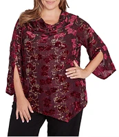 Ruby Rd. Plus Size Knit Floral Velvet Cowl Neck 3/4 Split Sleeve Asymmetrical Hem Top