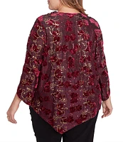 Ruby Rd. Plus Size Knit Floral Velvet Cowl Neck 3/4 Split Sleeve Asymmetrical Hem Top