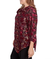 Ruby Rd. Plus Size Knit Floral Velvet Cowl Neck 3/4 Split Sleeve Asymmetrical Hem Top