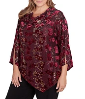 Ruby Rd. Plus Size Knit Floral Velvet Cowl Neck 3/4 Split Sleeve Asymmetrical Hem Top